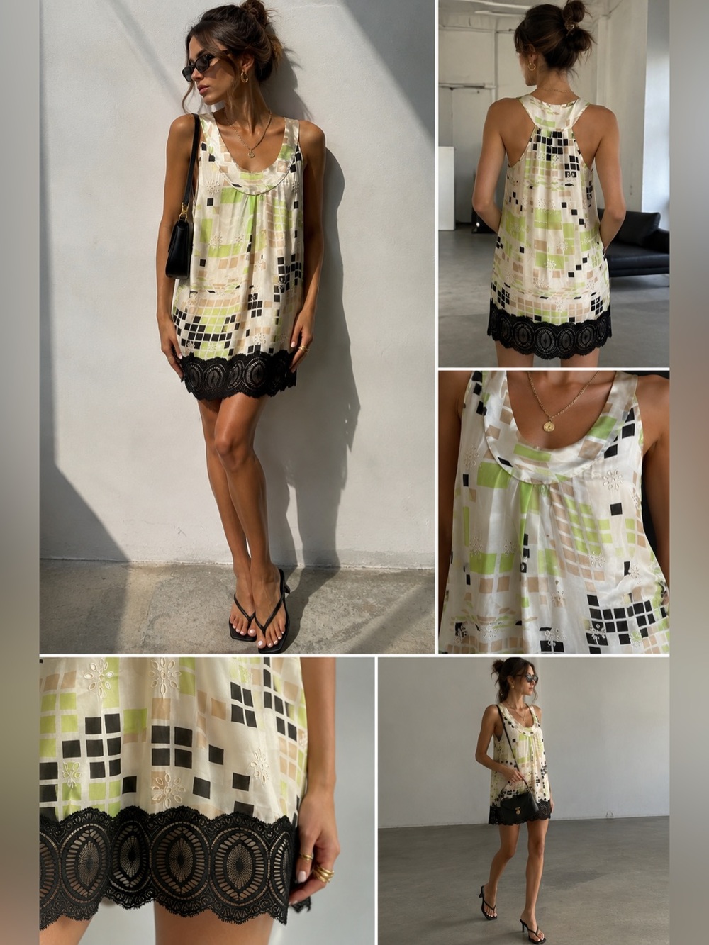 Poleci Silk Mini Shift Dress Size 4 Lime Black Lace Trim Y2K Mod